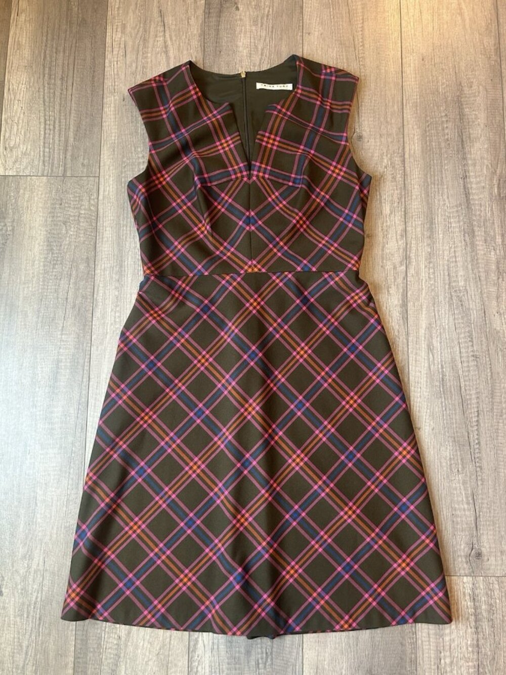 Trina Turk Delightful Dress A Line Plaid Dress Size 10 Brown Pink Wedding Guest - Picture 2 of 16